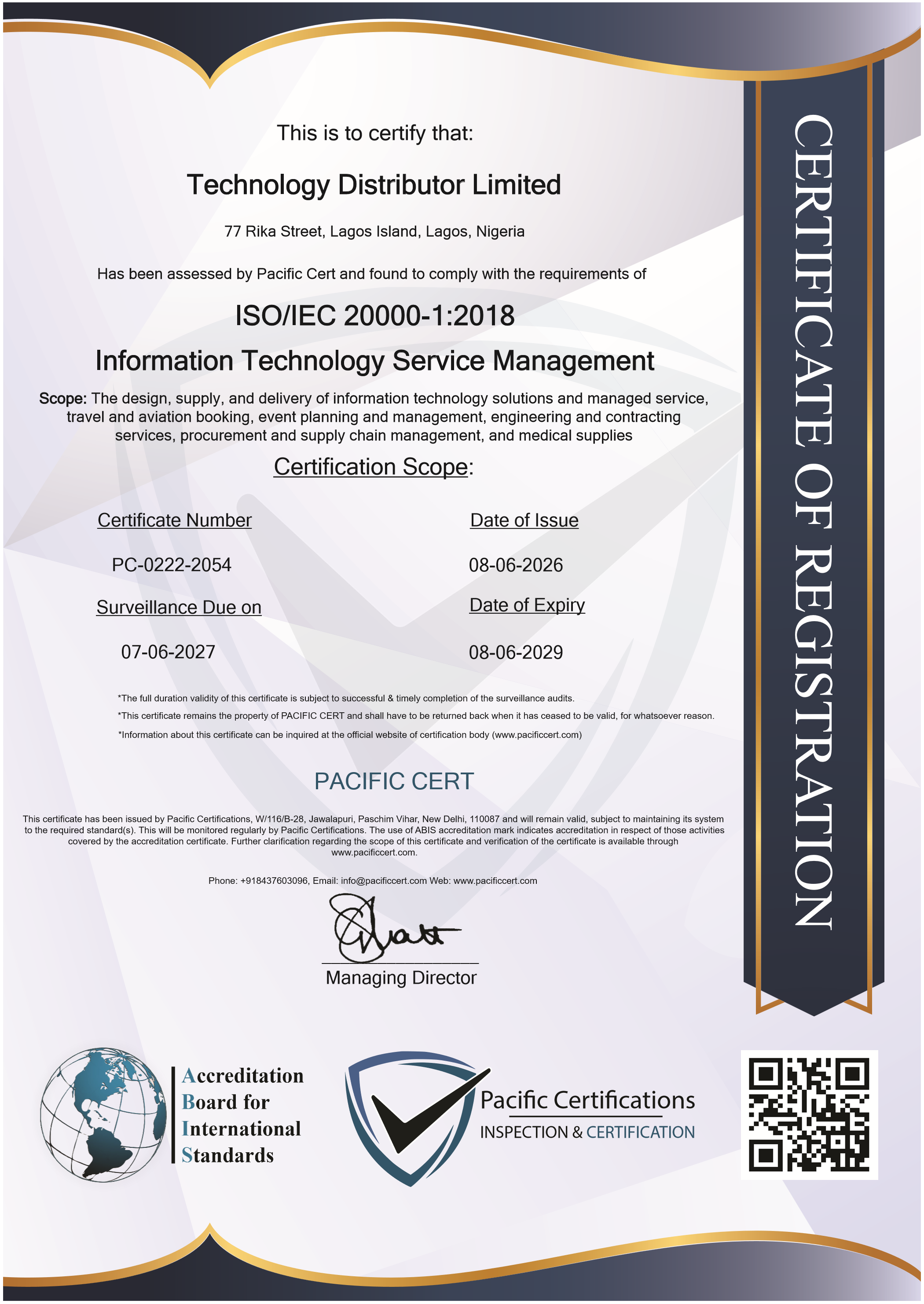 ISO/IEC 20000-1 certificate — IT Service Management